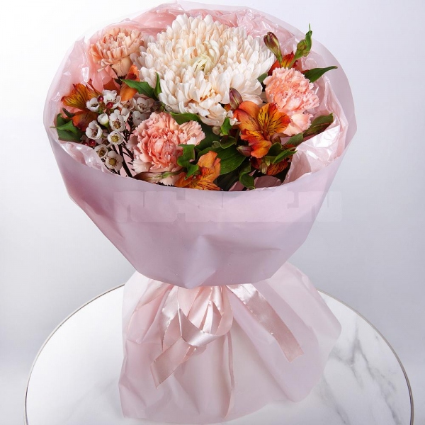 Magnum White Chrysanthemum - 1, Pink carnation - 7, Alstromeria Yellow, Orange - 3, Waxflower (1 pc.), Wrapping Paper