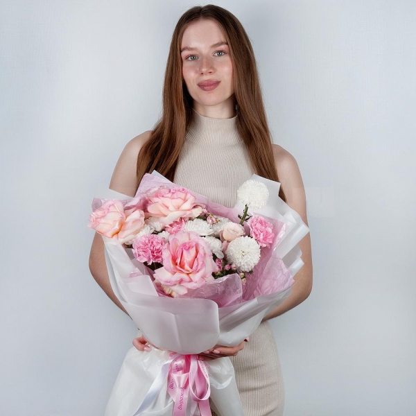 Rose Esperance - 3, Momoko Chrysanthemum - 2, Baltica White Spray Chrysanthemum - 2, Pink carnation - 7, Pink Lisianthus (Eustoma) - 1,  Bouvardia, Wrapping Paper