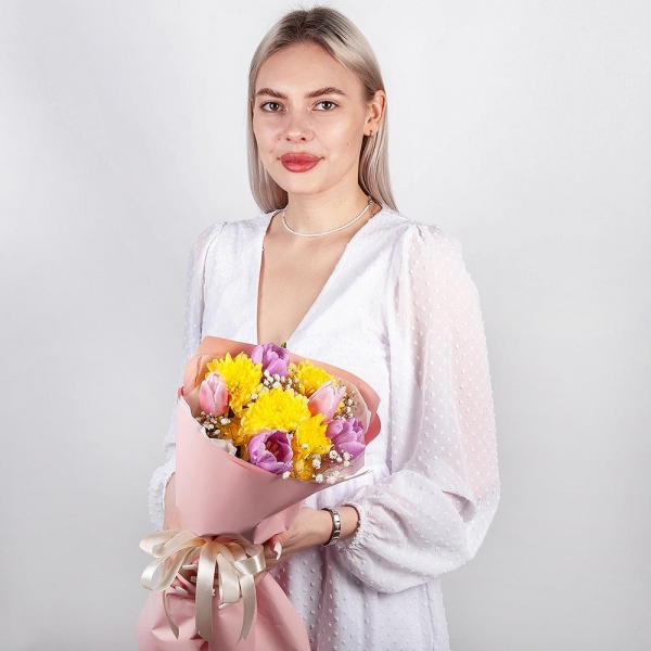 Baltica Yellow Spray Chrysanthemum - 1, Pink tulip - 4, Gypsophila - 1, Lilac tulip - 5, Wrapping Paper