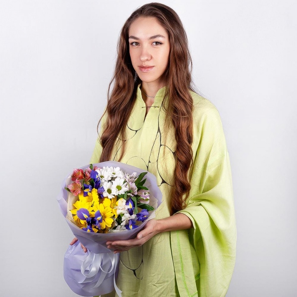 Bacardi White Spray Chrysanthemum - 1, Irises - 5, Alstromeria white, soft pink - 2, Alstromeria Red, Bright Pink - 1, Bacardi Yellow Spray Chrysanthemum - 1, Wrapping Paper