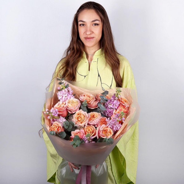 Pink-orange rose Phoenix 50 cm - 9, Spray rose: yellow, orange 50 cm - 5, Matthiola Lilac - 5, Eucalyptus, Wrapping Paper