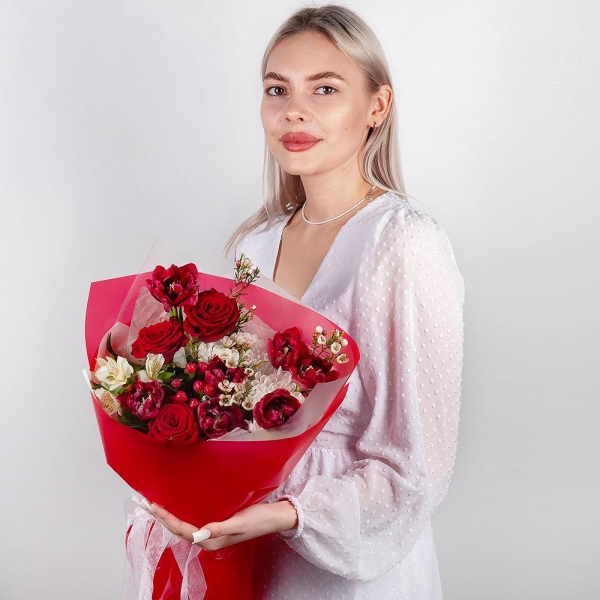 Baltica White Spray Chrysanthemum - 1, Red rose 50 cm - 3, Red tulip - 13, Alstromeria white, soft pink - 3, Hypericum, Waxflower (1 pc.), Wrapping Paper