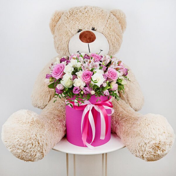 Pink rose 50 cm - 9, Alstromeria white, soft pink - 4, Spray rose: white, cream, light pink 50 cm - 8, Pink Lisianthus (Eustoma) - 4, Round flower box medium, Oasis, Film, Pistachio, Teddy bear 90 cm, Ribbon